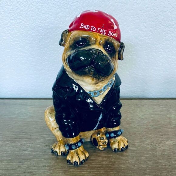 Blue Sky Bad to the Bone Biker Dog Motorcycle Pug Ceramic Figurine - Picture 1 of 4